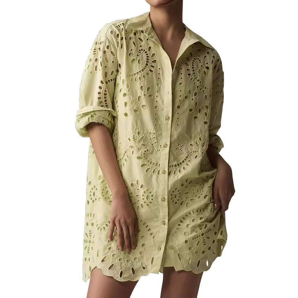 Women's Loose Long-sleeved Casual Hollow Pleated Shirt