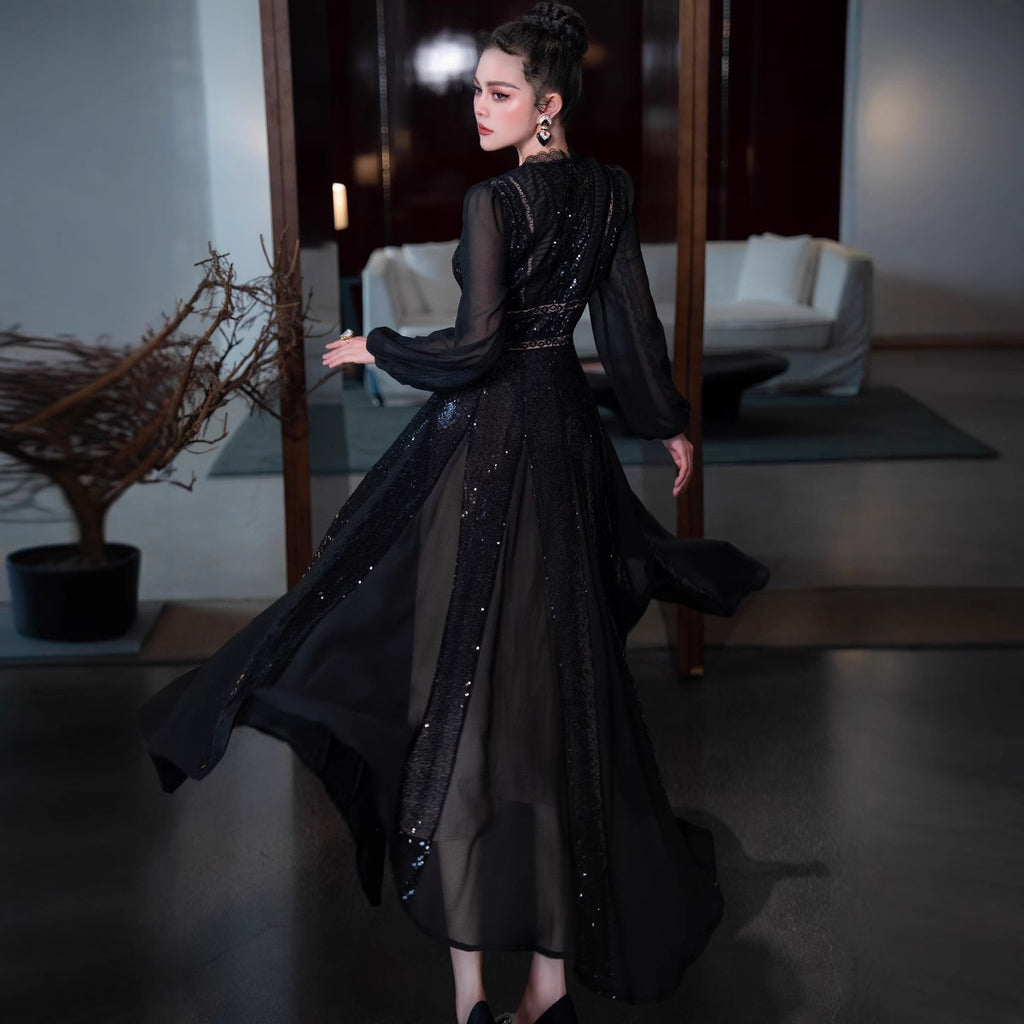 Robe de luxe arabe à col en V, manches longues et taille mi-haute avec grand ourlet