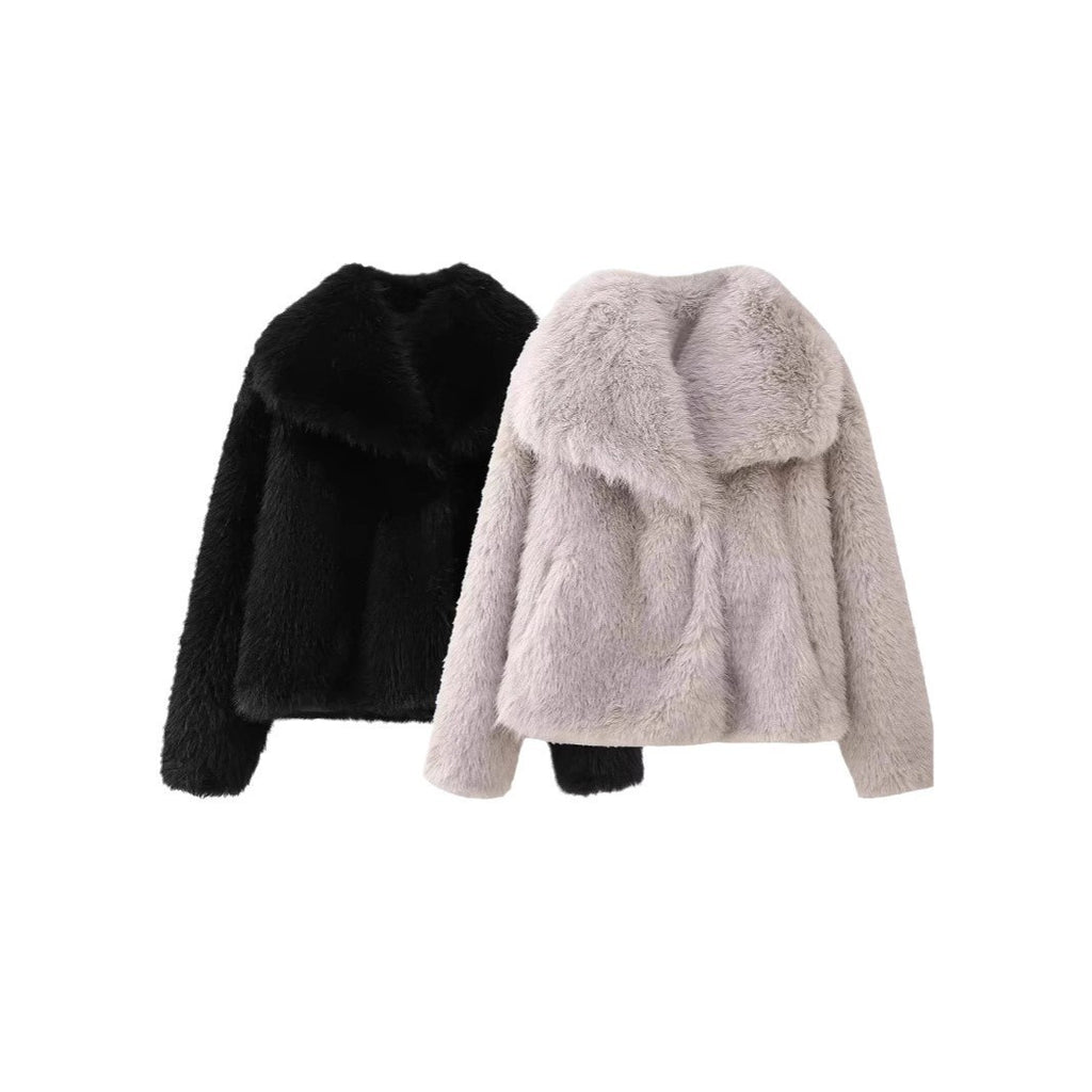 Polo Collar Faux Fur Short Coat in Black & Silver Gray, XS-L