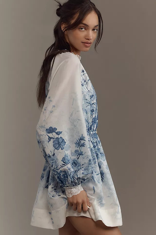 Women's Blue Floral Vintage Dress with Stand-Up Collar and Puff Sleeves