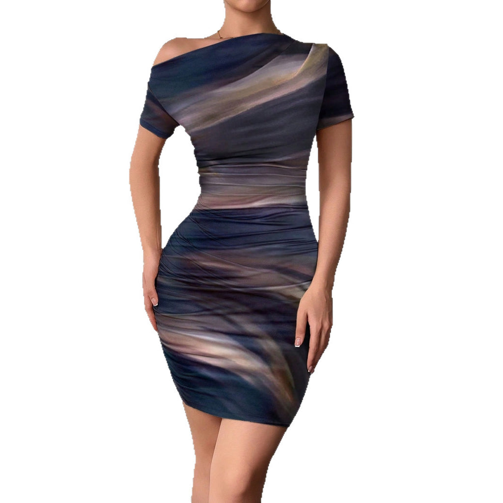 فستان نسائي أنيق ضيق بقصة قلم رصاص متوسط الطول مصبوغ بطريقة تاي داي