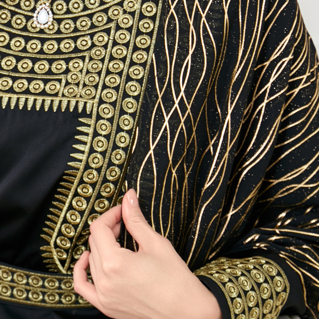 Round Neck Embroidered Gilded Long Sleeve A-Line Dress for Middle Eastern Women