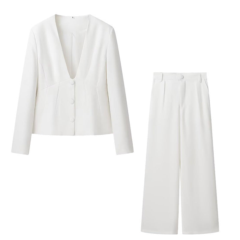 V-neck Suit Coat Straight Wide Leg Pants Two-piece Set
