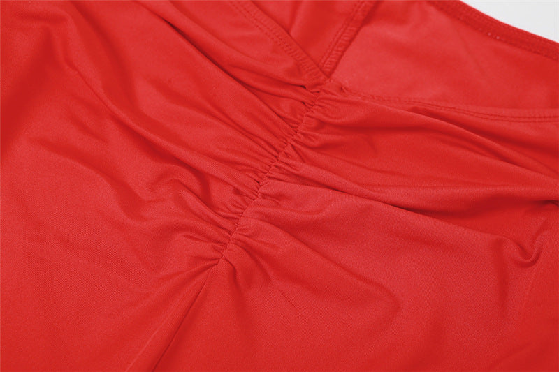 Combinaison rouge pour femme, manches longues épaules dénudées, taille haute