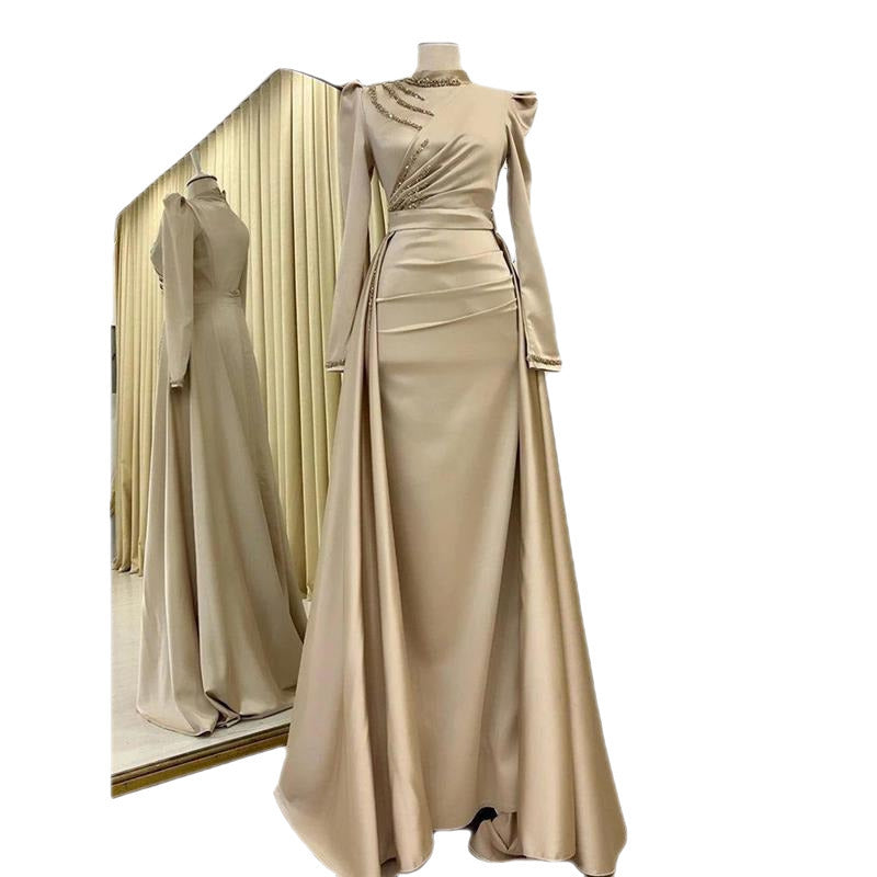 Muslim Stand Collar Detachable Long Sleeve Evening Dress