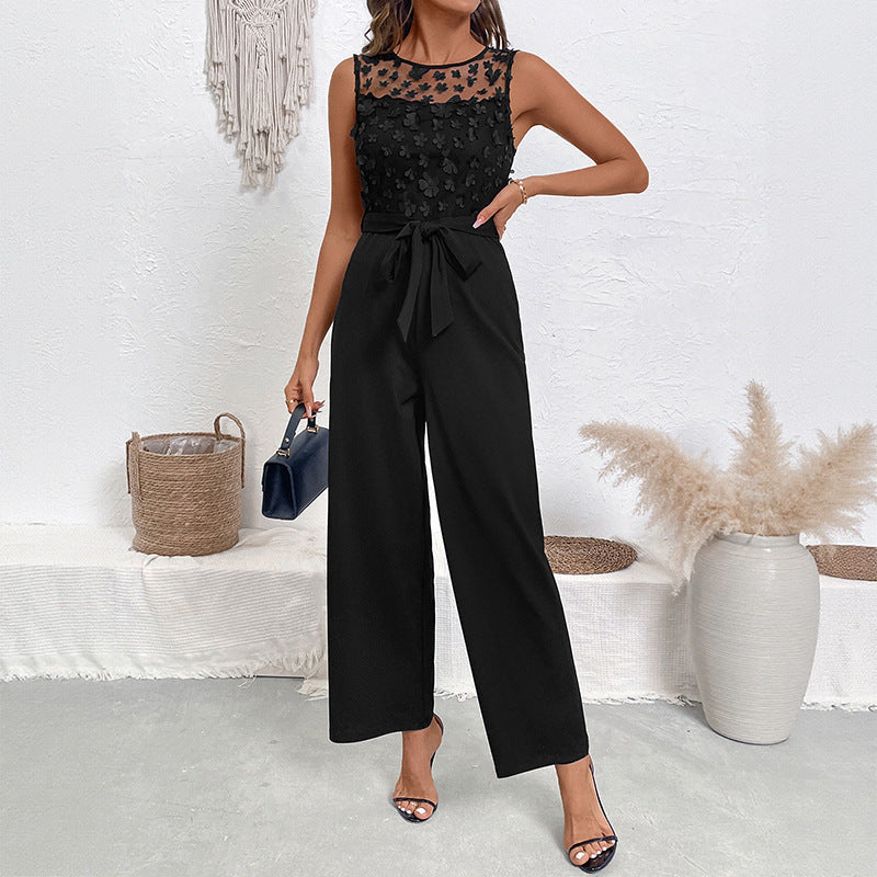 Black Lace Patchwork Sleeveless High Waist Straight Jumpsuit for Women