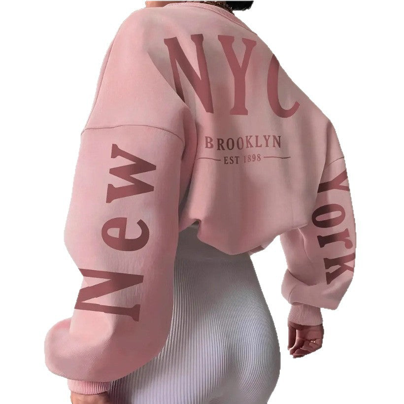 Loose Letter Print Round Neck Sweater for Women