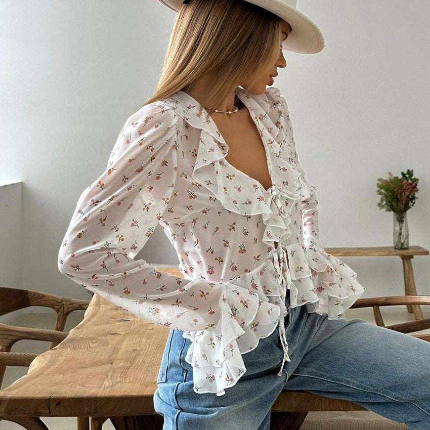 Women's Chiffon Printed Slim-fit Flared Sleeves Tied Lotus Leaf Shirt