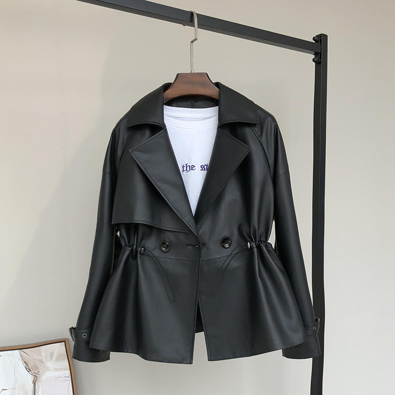 Sheepskin Suit Collar Motorcycle Leather Jacket Waist-Length