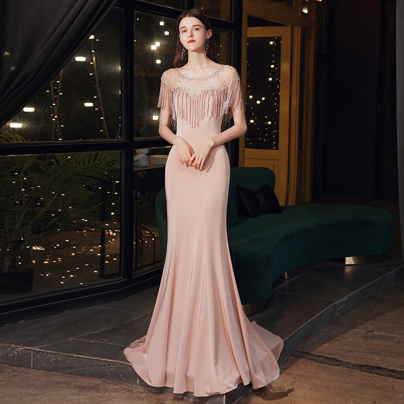 Women's Fishtail Banquet Dress – Long Skirt, White & Pink, S-XL