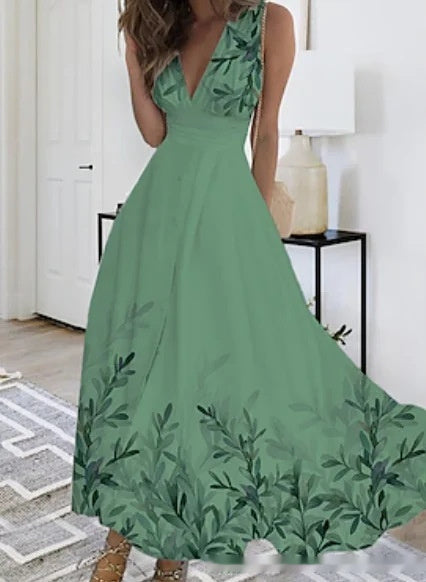 Spring Summer V-Neck Sleeveless Waist-Controlled A-Line Dress