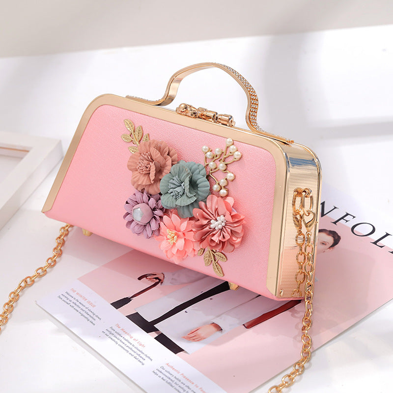Small Floral Messenger Handbag with Lock - White, Gold, Pink, Black PU