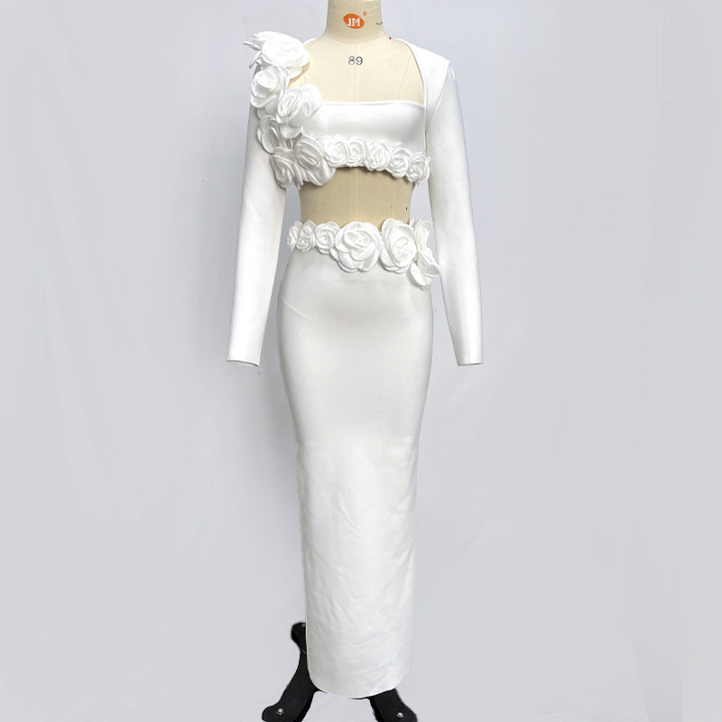 Ladies White Long Sleeve Bandage Dress XS-L Polyester