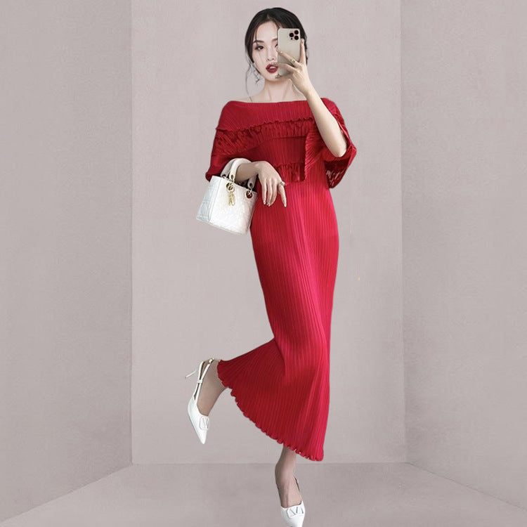Socialite Ruffled Off-the-Shoulder Collar Waist Vacation Dress