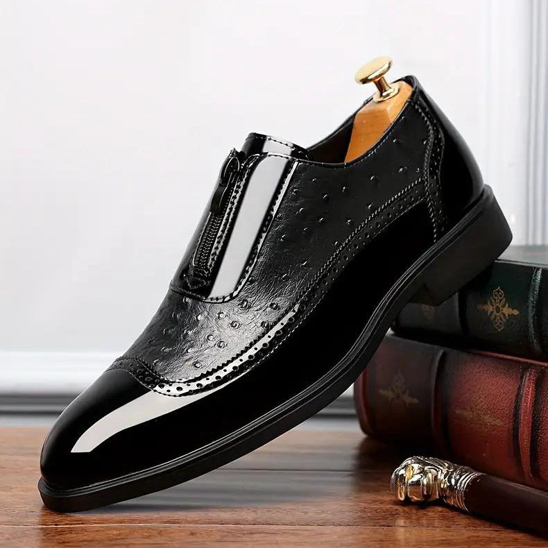Ostrich Grain Embossed Pointed Toe Leather Chelsea Boots with Zipper