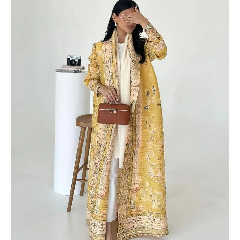 Women's Pleated Chic Middle East Abaya Printed Shawl Cardigan