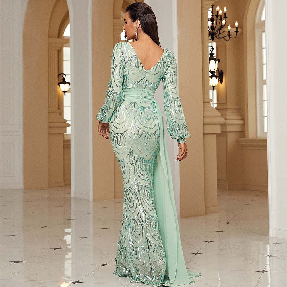 Robe de soirée élégante à col en V et sequins, manches longues, pour événements à Dubaï