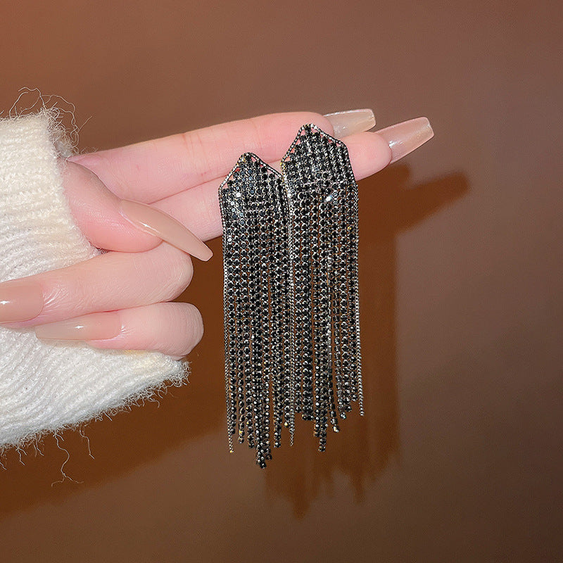 Silver Needle Exquisite Full Diamond Long Fringe Earrings