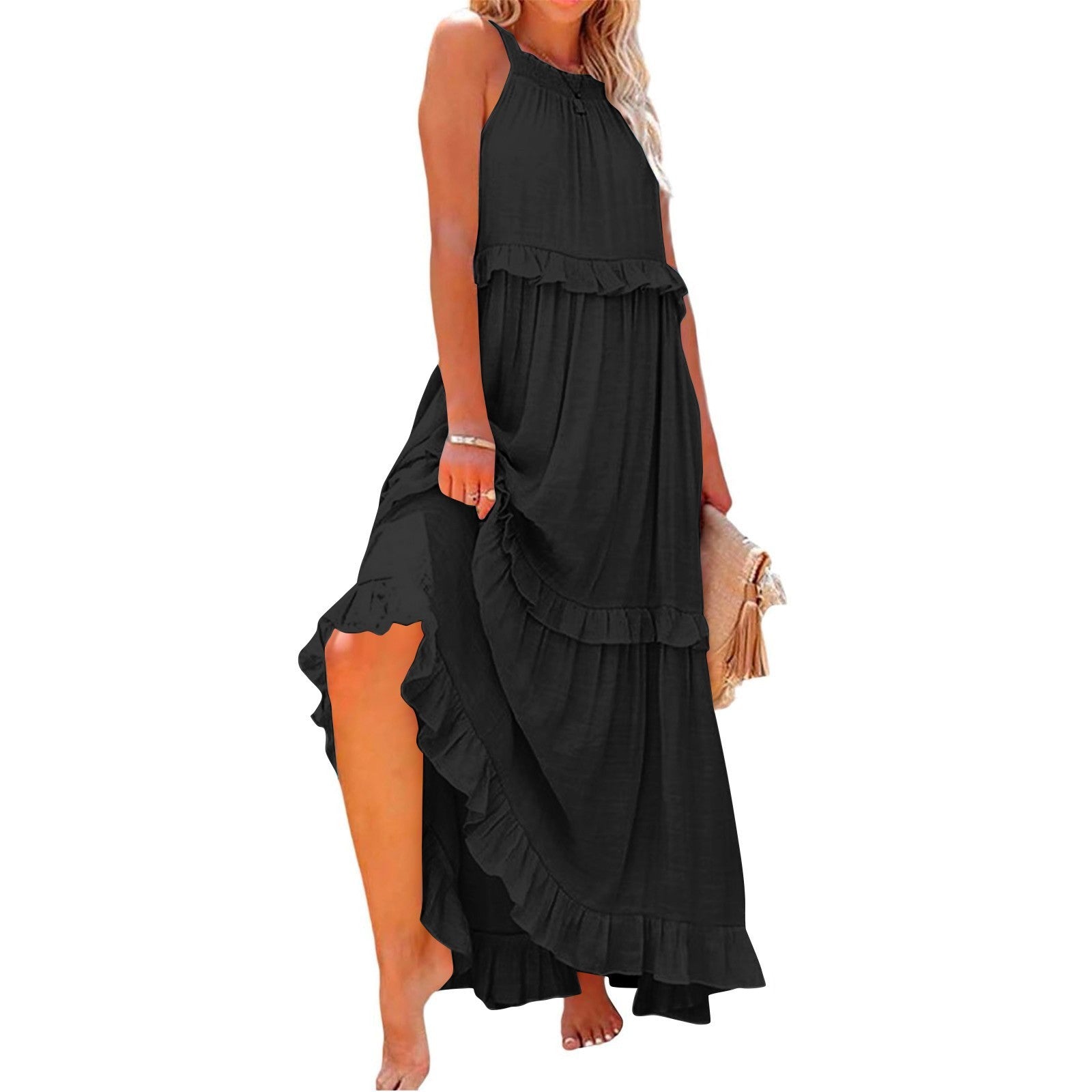 Robe longue d'été à volants, dos nu, col halter, pour femmes