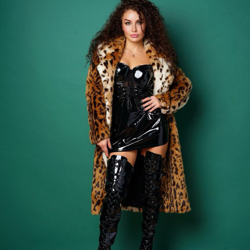 European & American Leopard Print Faux Fur Coat with Extended Wool