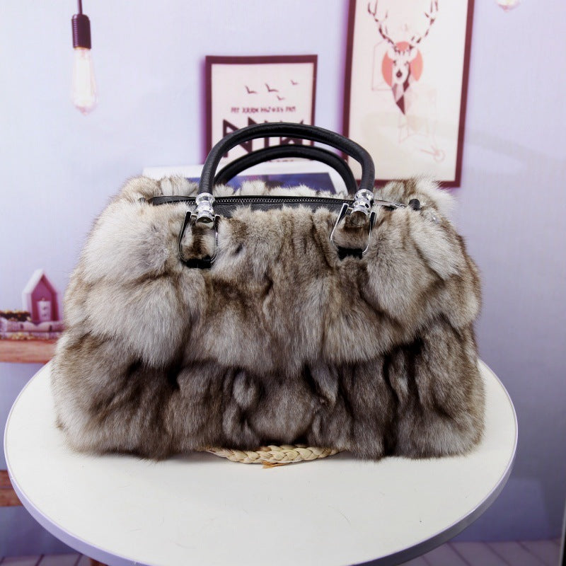 Silver Fox Fur Portable Shoulder Messenger Bag 30cm