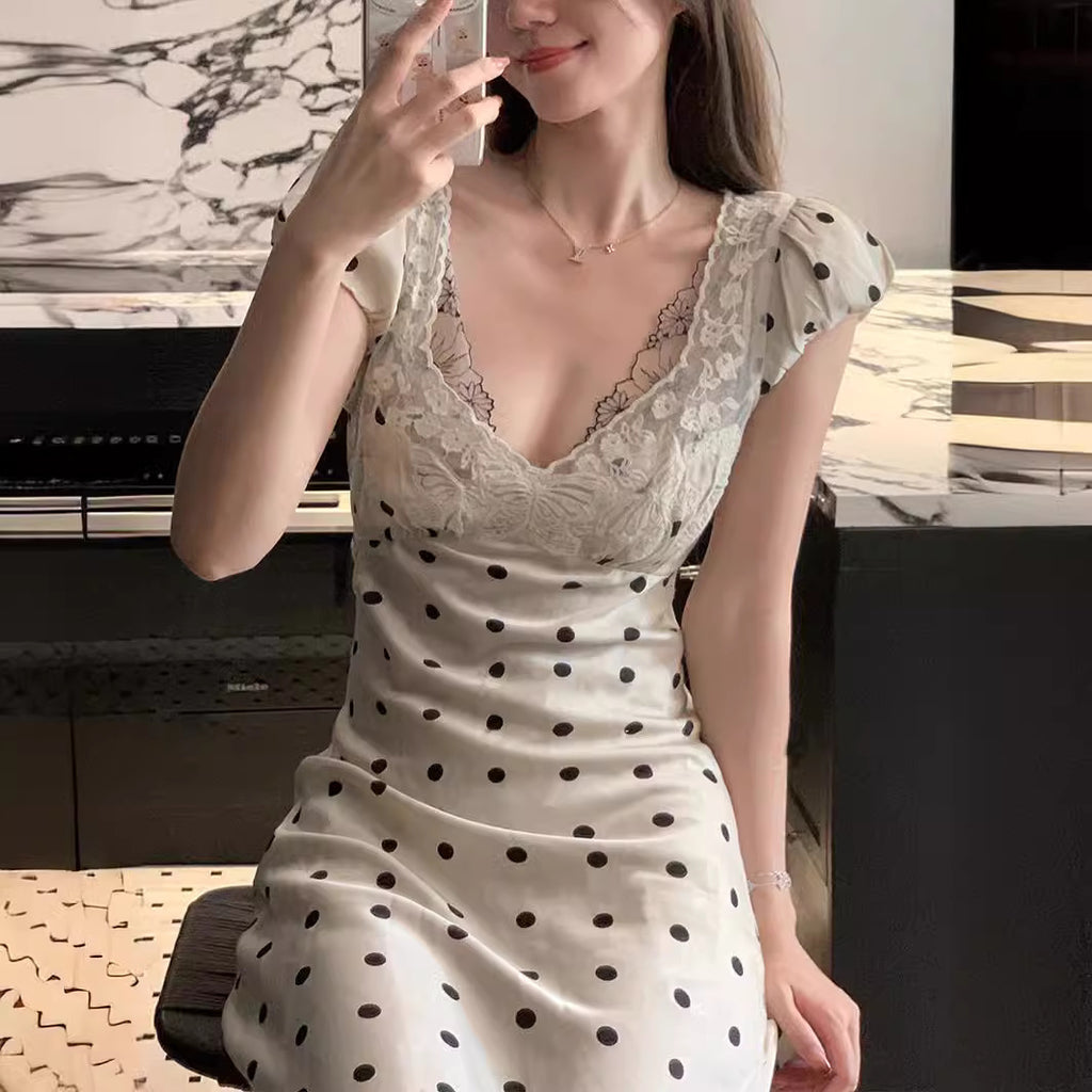 Women's Lace V-Neck High Waist Polka Dot Dress S-XL