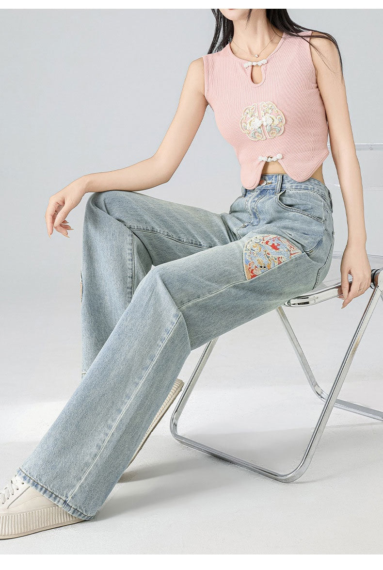 High Waist Light Blue Embroidered Wide Leg Cotton Denim Trousers