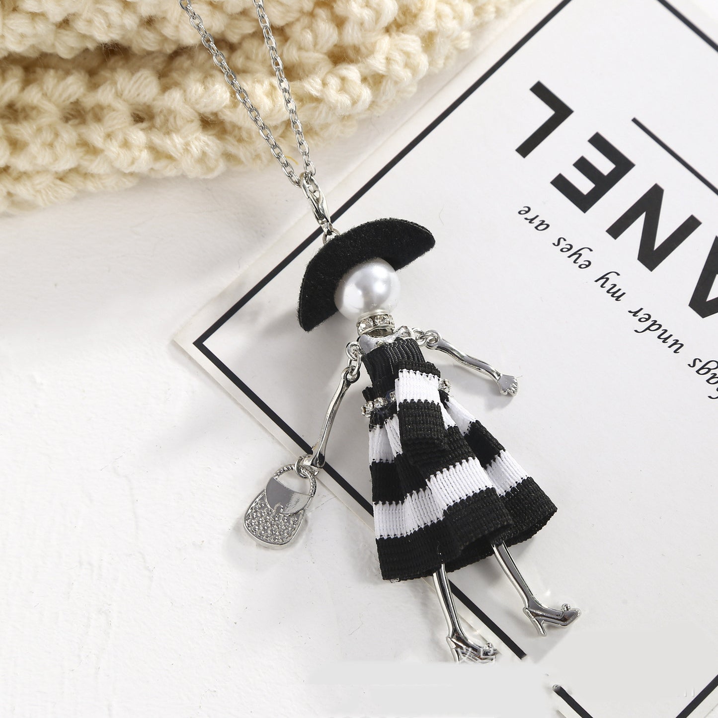 Hat Doll Necklace Rhinestone Sweater Chain