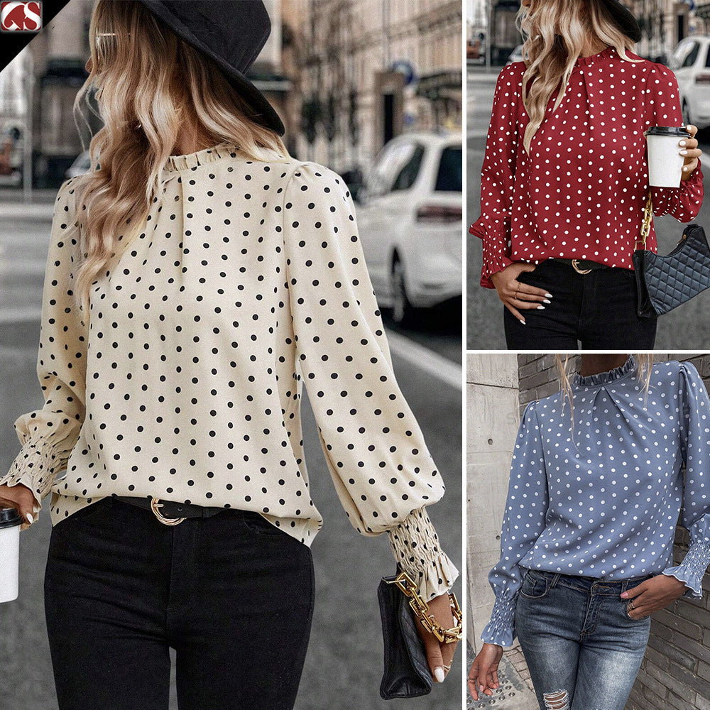 Polka Dot Puff Sleeve Elegant Women's Shirt