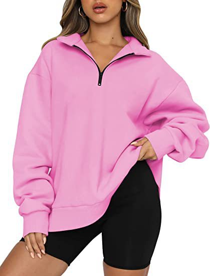 Sweat-shirt zippé femme à col rabattu – Haut pull ample et décontracté