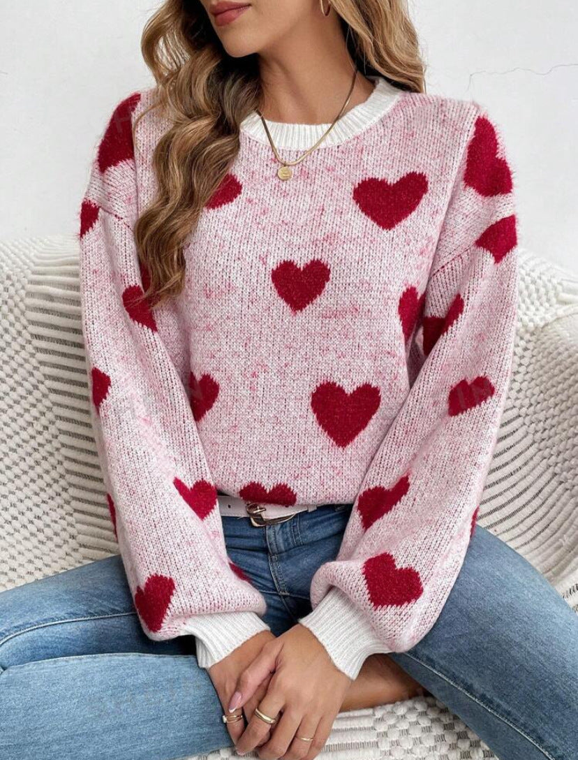 Love Contrast Color Round Neck Loose Casual Pullover Long Sleeve Sweater