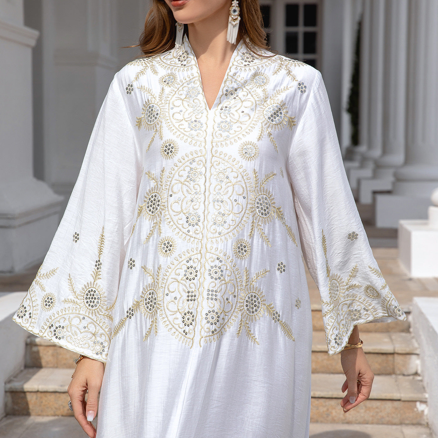 Muslim Women's Embroidered Robe Dress Long Sleeve Polyester