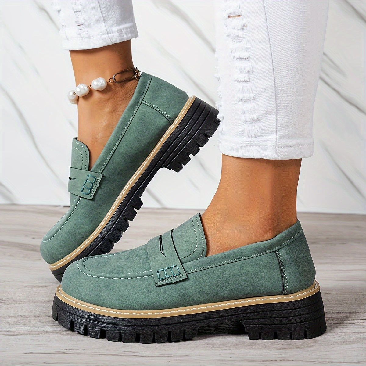 Chaussures décontractées à talon mi-haut pour femmes, style britannique mat