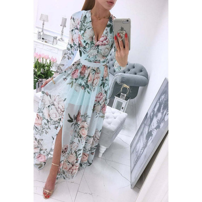 Long Sleeve Printed Chiffon Bohemian Dress for Women