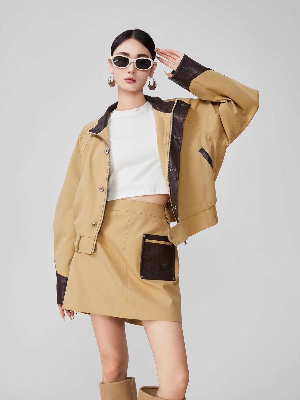 Leather Patchwork Stand-Up Collar Two-Piece Suit with A-Line Skirt for Women