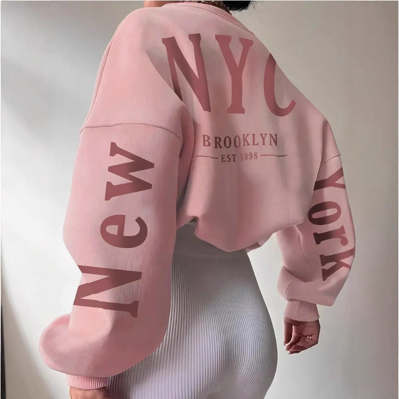 Loose Letter Print Round Neck Sweater for Women