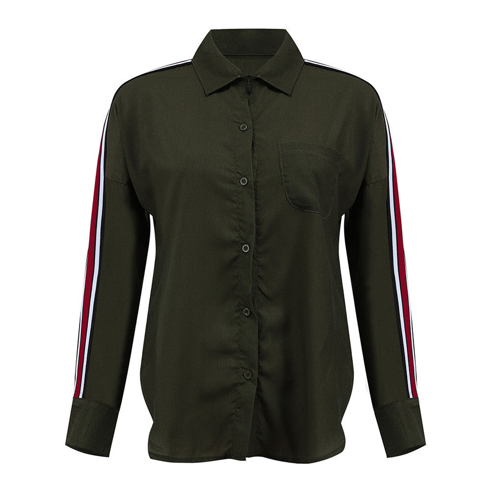 Women’s Casual White Stripe Long Sleeve Button Blouse