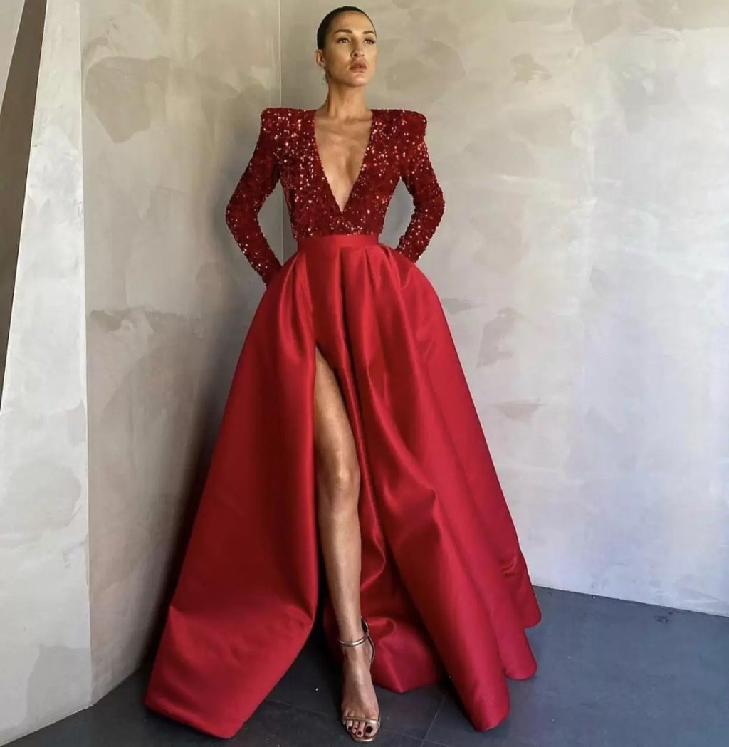 Robe de soirée longue à manches longues et col en V à paillettes pour femme, disponible en plusieurs couleurs