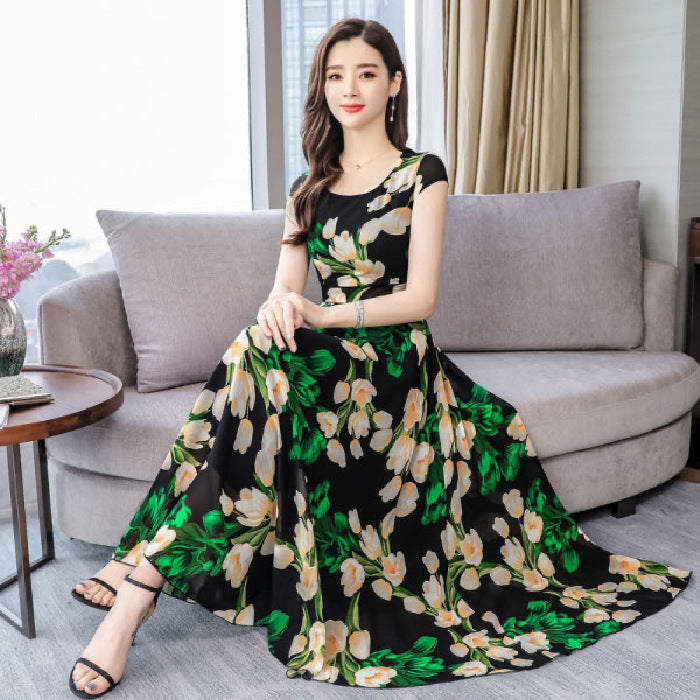 Bohemian Big Swing Long Skirt Dress with Round Neck and Short Sleeves