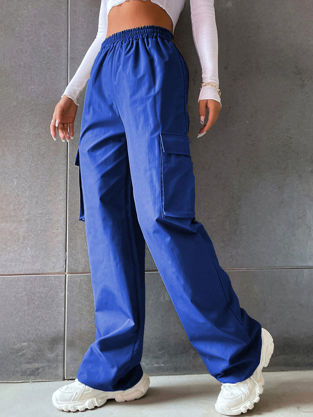 Pantalon de travail taille haute de couleur unie pour femme avec poches