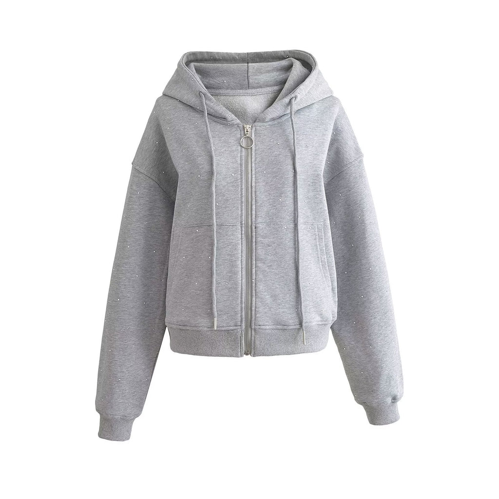 Gilet Cardigan Femme à Capuche avec Strass Étoilés et Cordons de Serrage