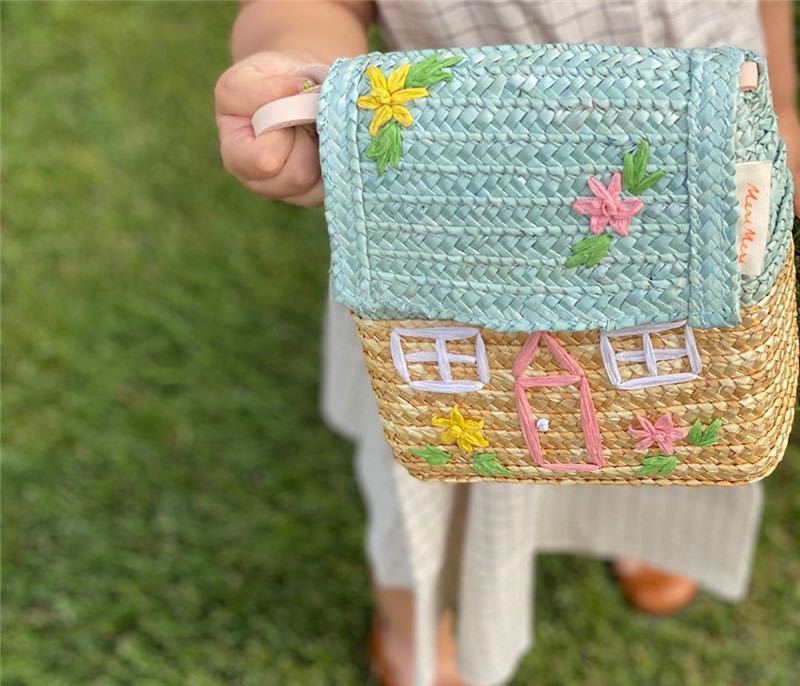 Children's Handmade Straw Bag with Cute House Embroidery 17x15x8cm