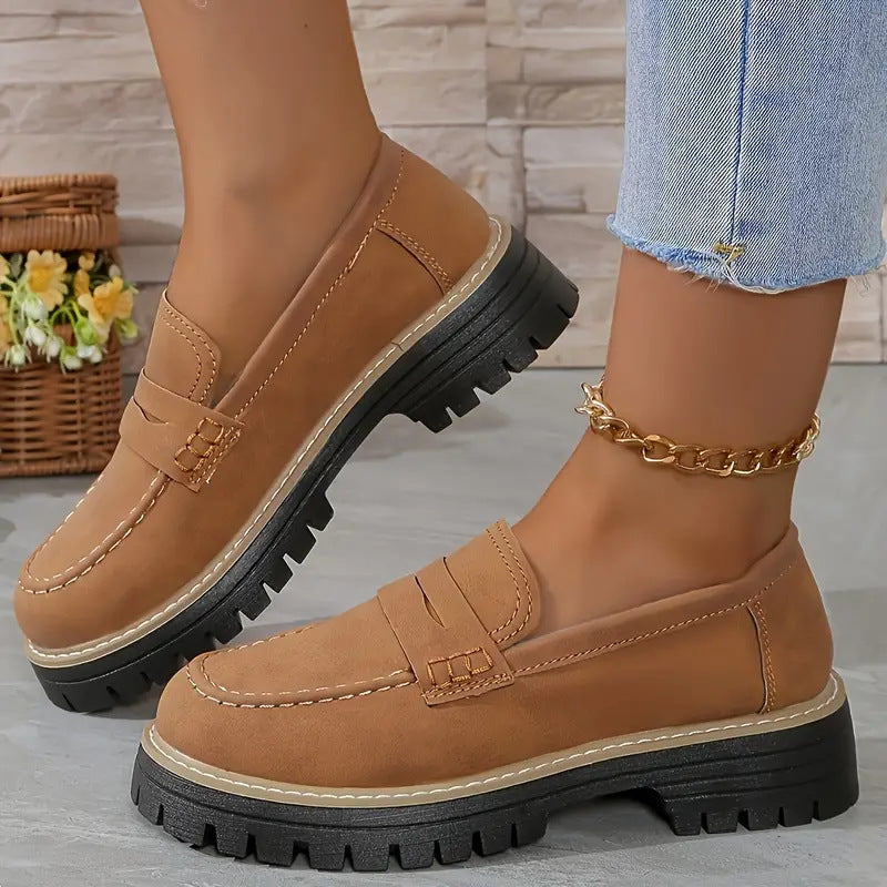 Chaussures décontractées à talon mi-haut pour femmes, style britannique mat