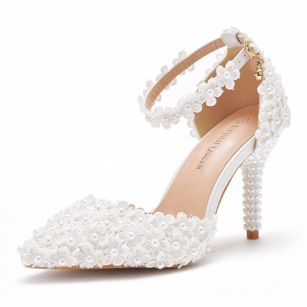 White Pointed Toe Stiletto Heel Lace Wedding Sandals