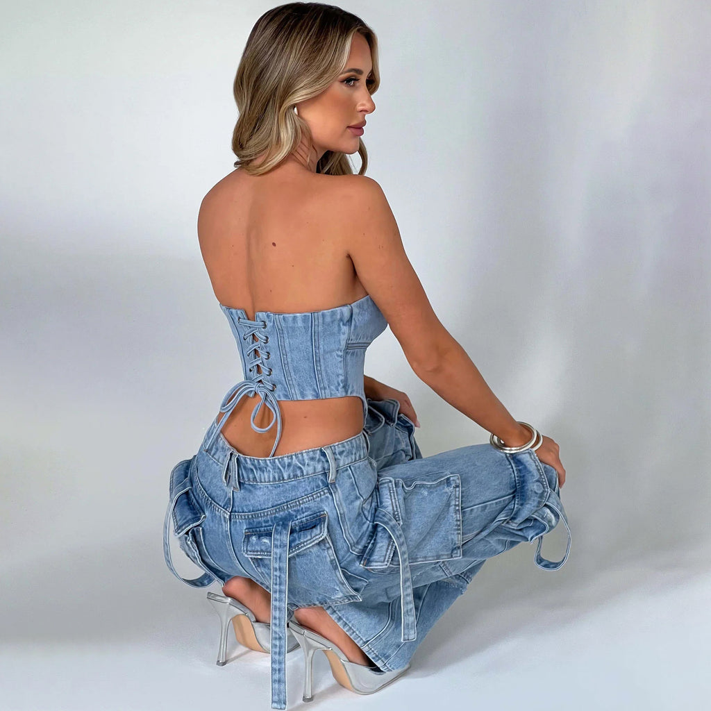 Jean taille basse ample pour femme avec poches et haut