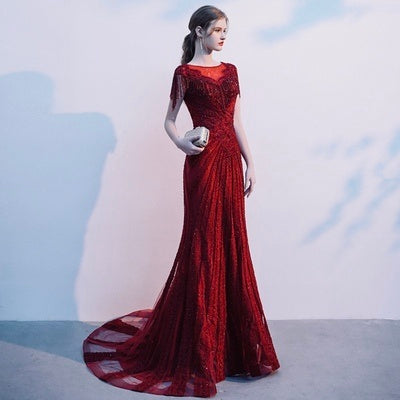 Robe de soirée de mariée sirène bordeaux à manches longues