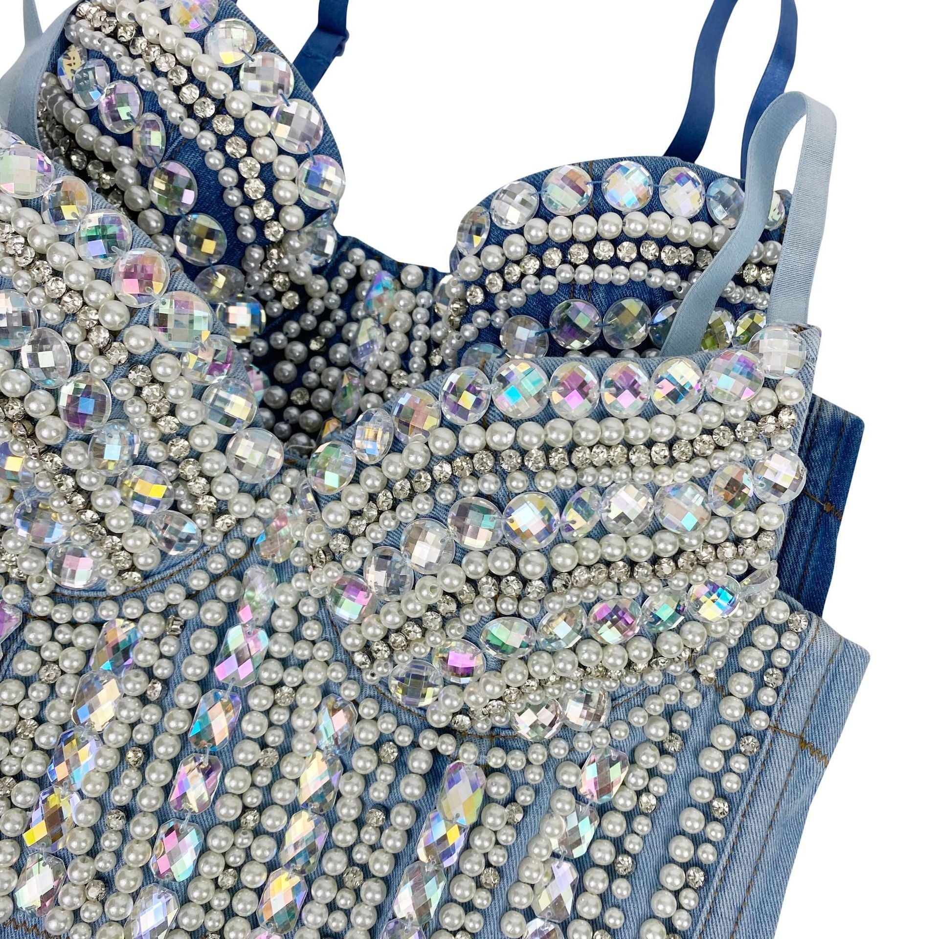 Heavy Industry Beads Diamond Shaping Breathable Fashion Denim Bra Vest