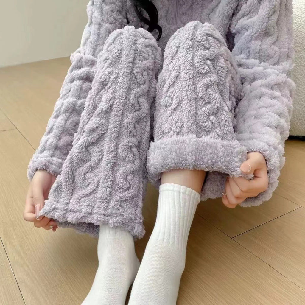 Pyjama Couple Hiver Automne en Polaire Corail Épais avec Fermeture Éclair Torsadée, Tenue d'Intérieur