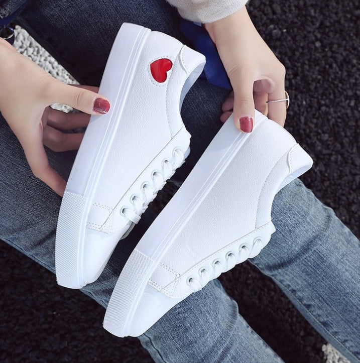 Women’s PU Leather Heart Flats Casual Breathable White Sneakers