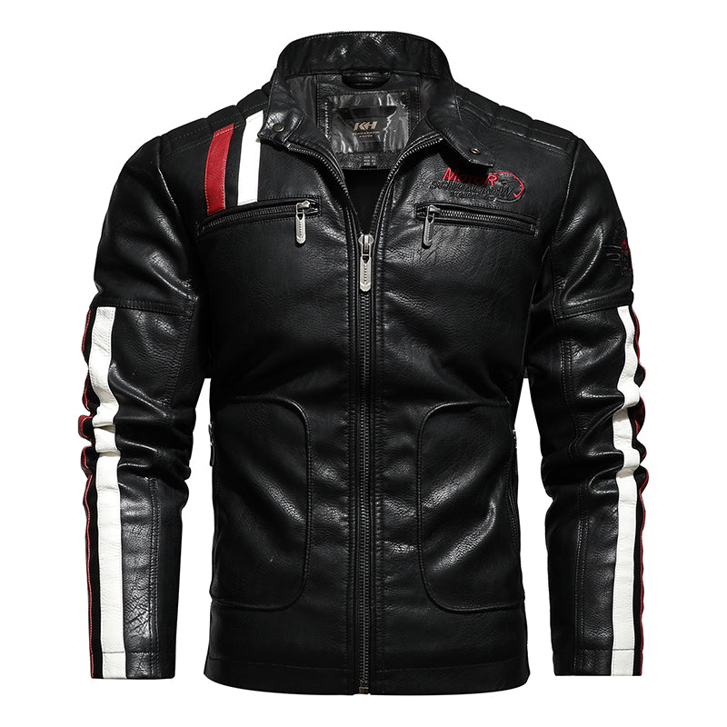 Men's Slim-Fit Short Embroidered PU Leather Jacket with Stand-Up Collar